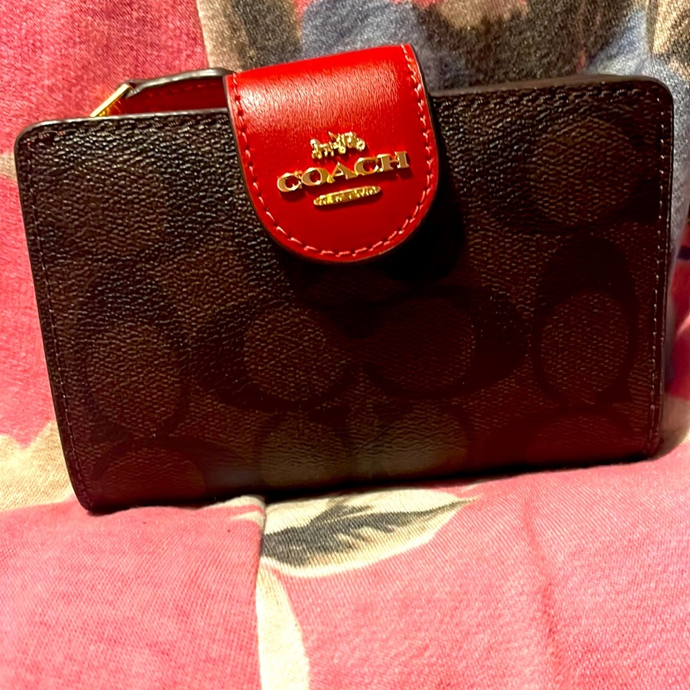 Coach Red/Dark Brown Signature small wallet